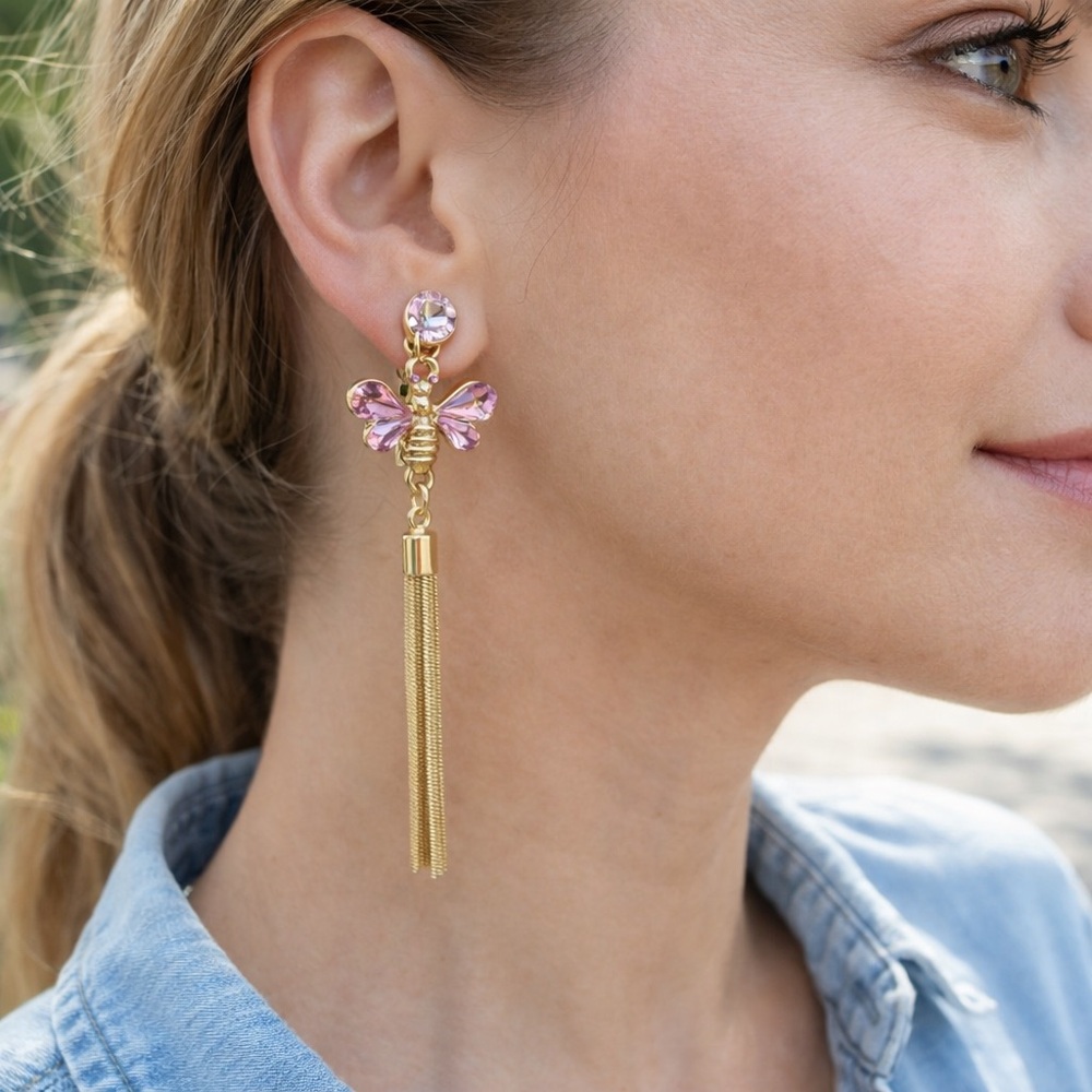 Mary Kay Bee Pink Gold Tone Tassel Pierced Earrings